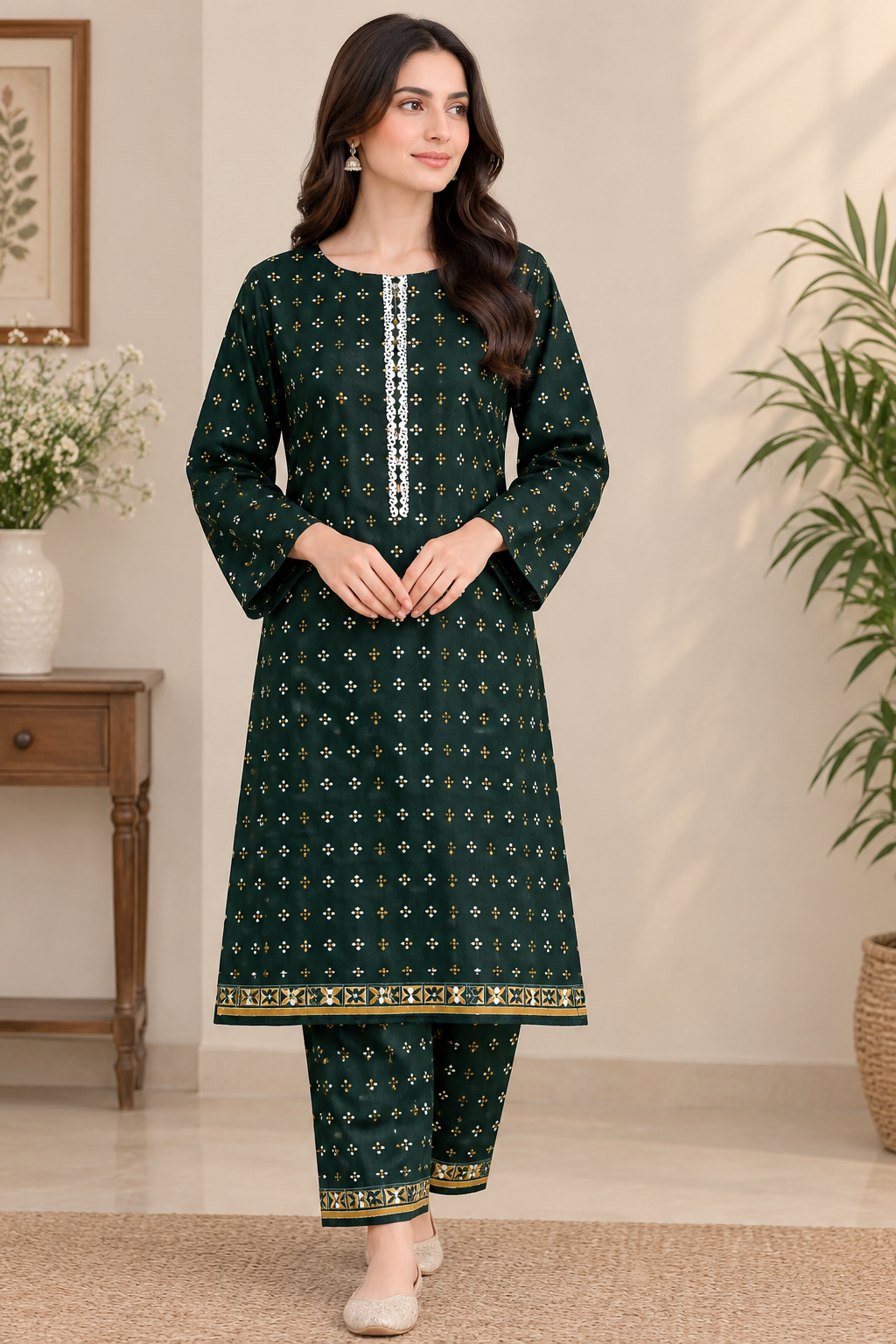 Green 2 PC Khadar suit by Desires